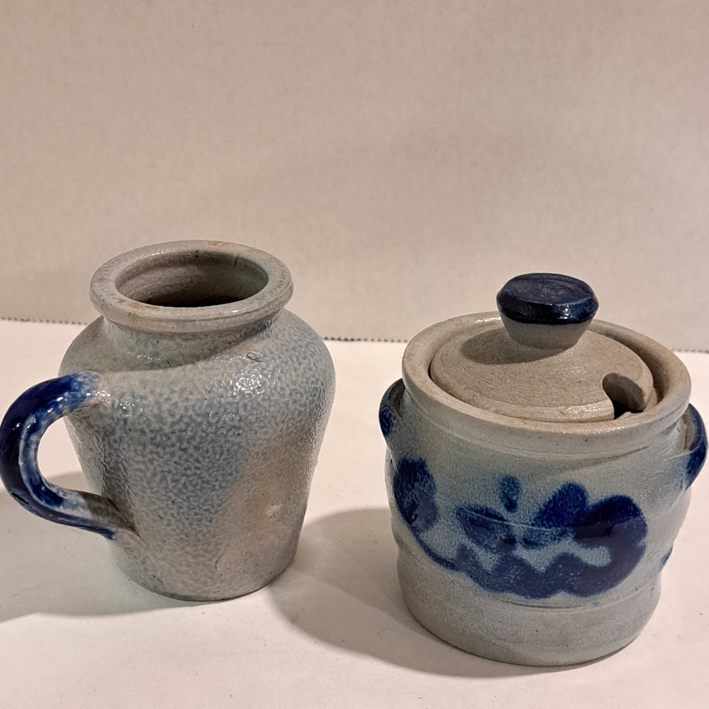 Vintage 1970's Pottery Salt Glaze Lidded Pot and creamer.